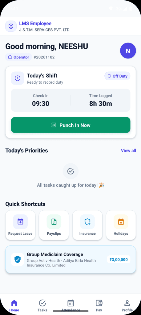 LMS Employee: Shift duty punch, live work timer & mediclaim policy