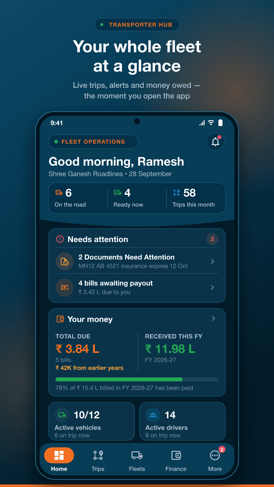 LMS Partner: Transporter Hub home: live pulse, alerts and money owed