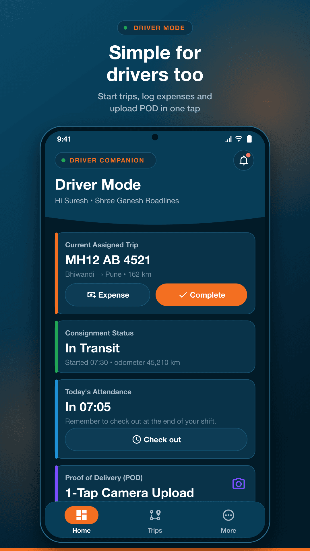 LMS Partner: Driver home: current trip, attendance and POD
